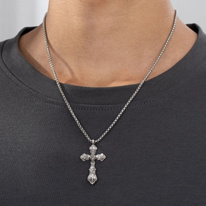 Vintage Cross Pendant Necklace Zinc Alloy Hip Hop Punk Style Jewelry For Men In Ancient Silver Color Box Chain