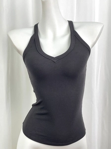 Women's dark grey deep V-neck ribbed knit tank top for fitness and athletic wear