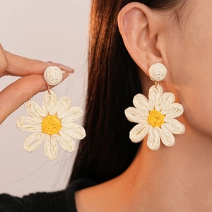 Woven Flower Drop Earrings Handmade Daisy Petal Jewelry With Silver Earring Post For Women Vacation Bohemian Style