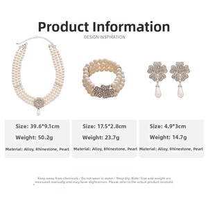 Detailed size specifications for baroque pearl necklace, bracelet and clover earrings set