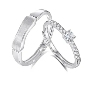 925 Sterling Silver Adjustable Couple Rings For Women Men Rhinestone Inlaid Open Ring Set Fashion Jewelry Wedding Party Gift