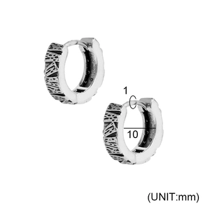Detail view of retro silver huggie earrings showing 10mm inner diameter and 1mm needle size