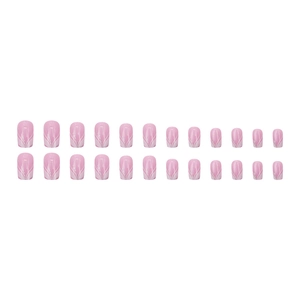 Pink square press-on nails with white marble swirls and silver glitter, 24pcs set