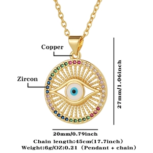 Detail of copper Evil Eye pendant with zircon inlay showing 27x20mm dimensions