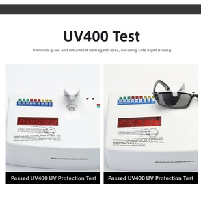 Detailed UV400 test showing black sunglasses filtering ultraviolet rays effectively