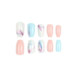 Blue and pink gradient press-on nails set with marble texture and glossy finish