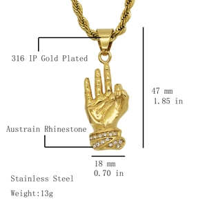 Gold 316 stainless steel OK gesture pendant with Austrian rhinestones and dimensions