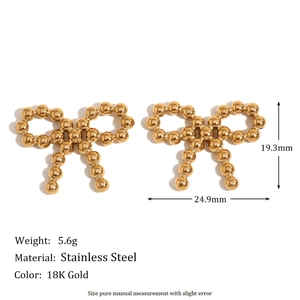 Polished 18K gold plated stainless steel bow earrings with beaded design measurements