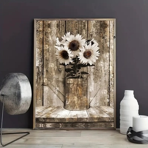 Rustic floral canvas art featuring white sunflowers in a vintage metal pitcher with wood frame