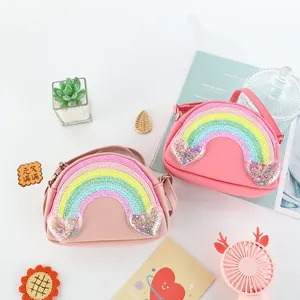 Macaron color children's rainbow crossbody bag with sequins and heart details