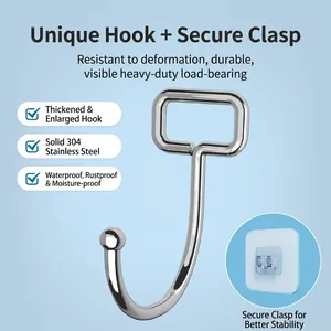 Strong 304 stainless steel transparent hook with heavy-duty adhesive wall mount