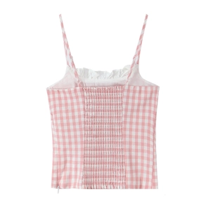 Rosa-weiß kariertes Camisole-Top mit Rüschenbesatz und elastischem gerafftem Rücken