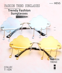Détail de lunettes de soleil nuage sans monture avec verres bleus et jaunes et pendentifs