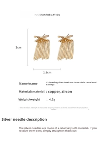 Detailed size chart and specifications for zircon bowknot chain tassel silver stud earrings