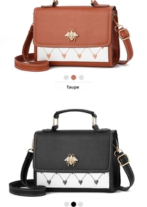 Detailed view of leather crossbody bags featuring bee buckle and heart embroidery patterns