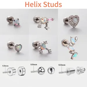 Heart Opal Zircon Titanium Steel Cartilage Stud Earrings Screw Back Piercing Niche Jewelry For Women