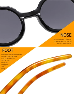 Detail of round sunglasses featuring smooth nose pads and tortoise temple tips