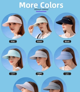 Detailed grid showing UPF50+ sun visors in six colors including pink, green, and blue