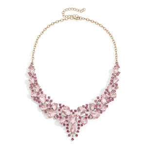 Luxurious water drop flower necklace with pink crystals and gold chain on white background