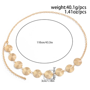 Detail showing dimensions of gold spiral textured disc waist chain, 110cm total length