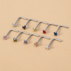 Lot de 10 piercings de nez en L avec zircons ronds multicolores et finition argentée