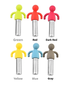 Grid view of various colorful silicone and stainless steel tea infusers in human shape