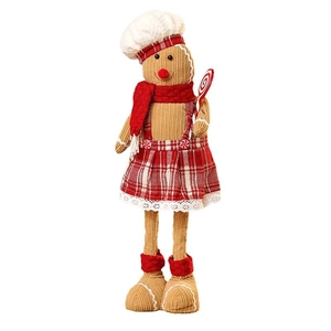 Standing Christmas gingerbread plush doll with chef hat and plaid skirt on white background