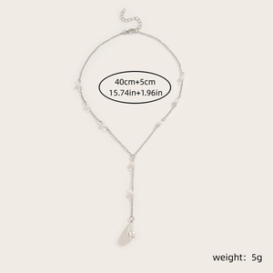Detail of silver pearl Y-necklace showing length 40cm+5cm and weight 5g dimensions