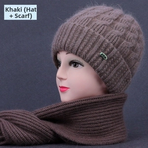 Detail of khaki cable knit hat and scarf set with soft ribbed texture for elderly women