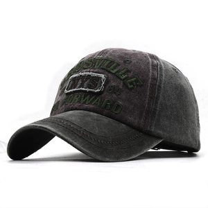 Vintage dark gray washed baseball cap with embroidered green patches and street style
