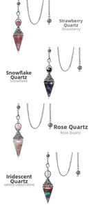 Detail of hexagonal crystal pendulum pendants in strawberry, snowflake, and rose quartz