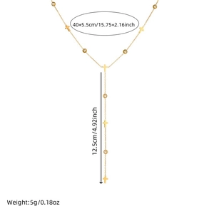 Gold Y-shaped stainless steel necklace with cross charms and size dimensions shown