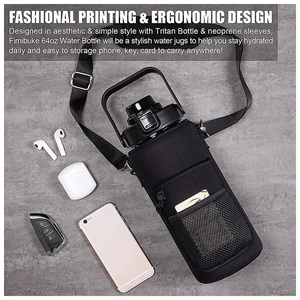 Detailed macro view of 64oz neoprene water bottle sleeve with phone storage and strap