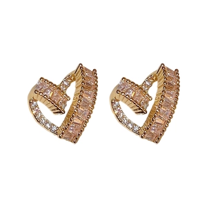 Elegant gold plated heart stud earrings with sparkling cubic zirconia on white background