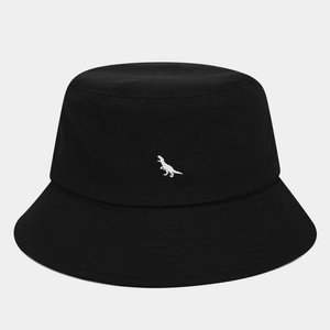 Classic black cotton bucket hat featuring a white dinosaur embroidery in a minimalist style
