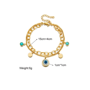 Vintage double layer gold titanium steel bracelet with evil eye and turquoise pendant