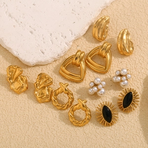 Vintage Geometric Stainless Steel Earrings 18K Gold Plated Black Agate Eye Artificial Pearl Cluster Irregular Twisted Fashion