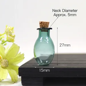 Mini oval blue glass wishing bottle with cork stopper, 27mm height for DIY crafts