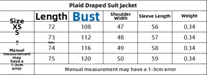 Tabella taglie per blazer scozzese e pantaloni con misure dettagliate in centimetri