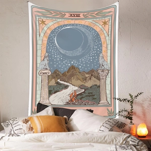 Detail showing tarot moon tapestry hanging above a bed for aesthetic room decor