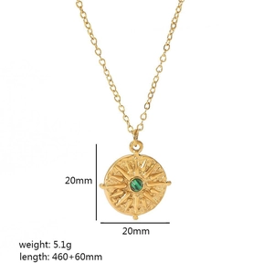 Golden sunburst pendant with malachite stone details showing 20mm diameter size specs