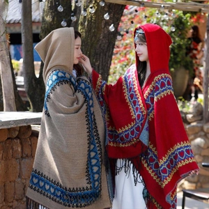 Poncho À Capuche Châle Tricot Cachemire Synthétique Ethnique Cœur Jacquard Gland Frange Enveloppement Chaud Pour Femmes