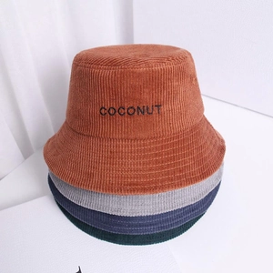 Detailed corduroy texture and COCONUT embroidery on hats in multiple colors
