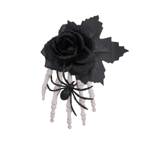 Halloween black rose skull hand hair clip with spider detail on white background