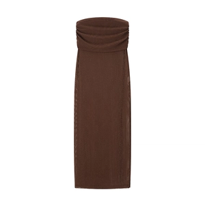 Detail showing brown shimmer tube maxi dress with ruched neckline and slim fit design