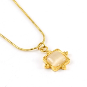Vintage stainless steel snake chain necklace with square cat-eye stone pendant in gold finish