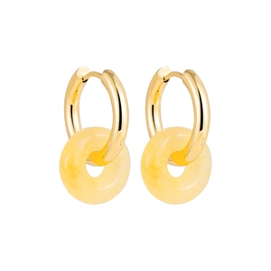 Detail of 18K gold-plated hoop earrings featuring a natural yellow stone circular pendant