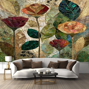 Detail showing the mosaic texture of the birch forest wall tapestry in a living room decor