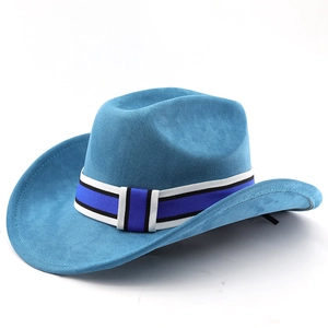 Detail eines dunkelblauen Wildleder-Cowboyhuts mit gestreiftem Band auf weißem Grund