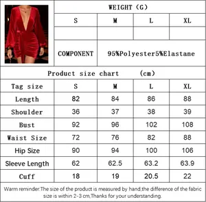 Detailed size chart for red velvet party dress showing measurements in centimeters
